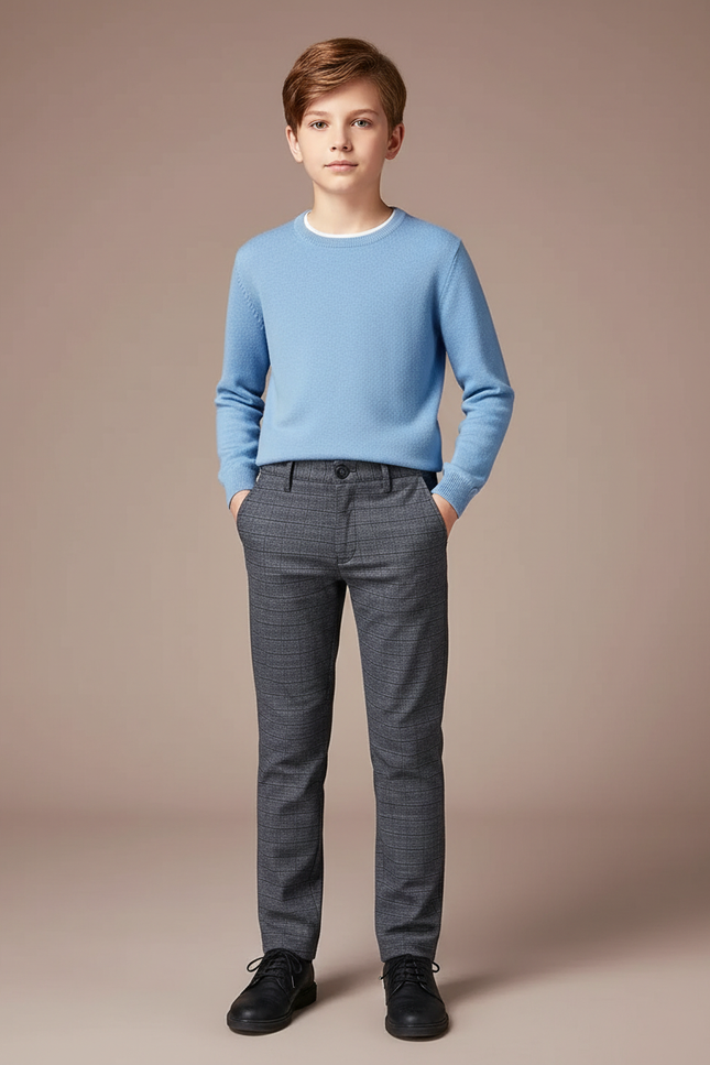 Pantalon Gris Carreaux Droit Décontracté Garçon - Laine
