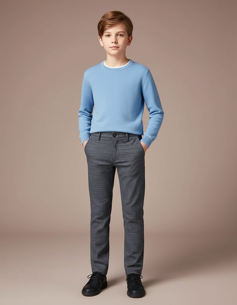 Pantalon Gris Carreaux Droit Décontracté Garçon - Laine