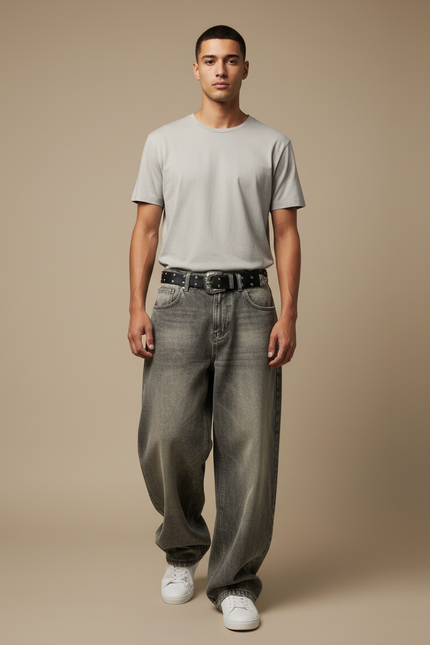 Pantalon Gris Jean Ample Décontracté Homme Y2K