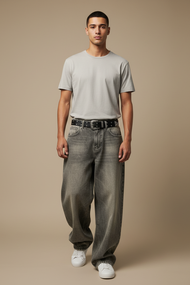 Pantalon Gris Jean Ample Décontracté Homme Y2K