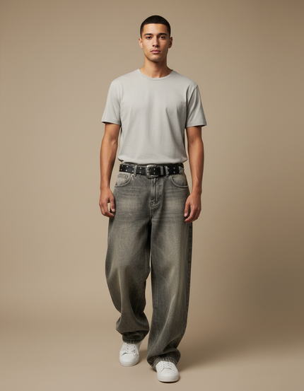 Pantalon Gris Jean Ample Décontracté Homme Y2K