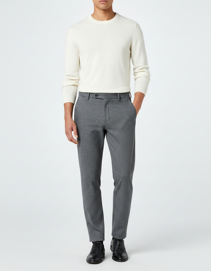 Pantalon Gris Motif Discret Coupe Droite Homme - Laine