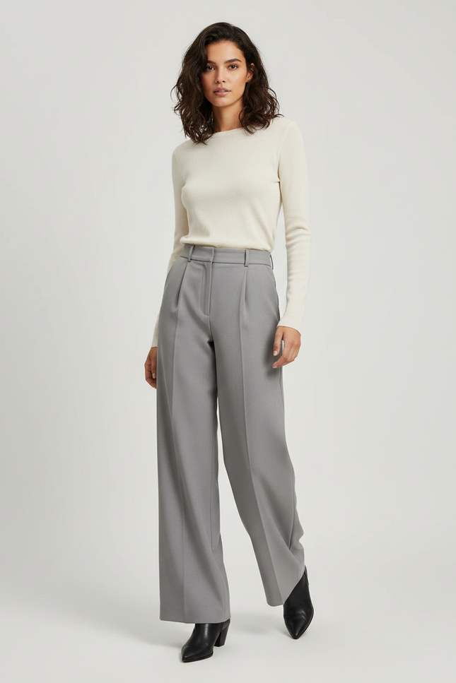 Pantalon Gris Ample Taille Haute Plissé Droit - Gabardine