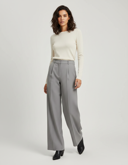 Pantalon Gris Ample Taille Haute Plissé Droit - Gabardine
