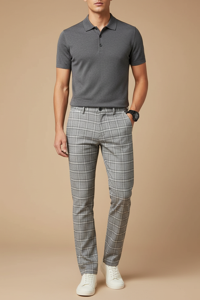 Pantalon Gris À Carreaux Slim Stretch Élégant - Polyester