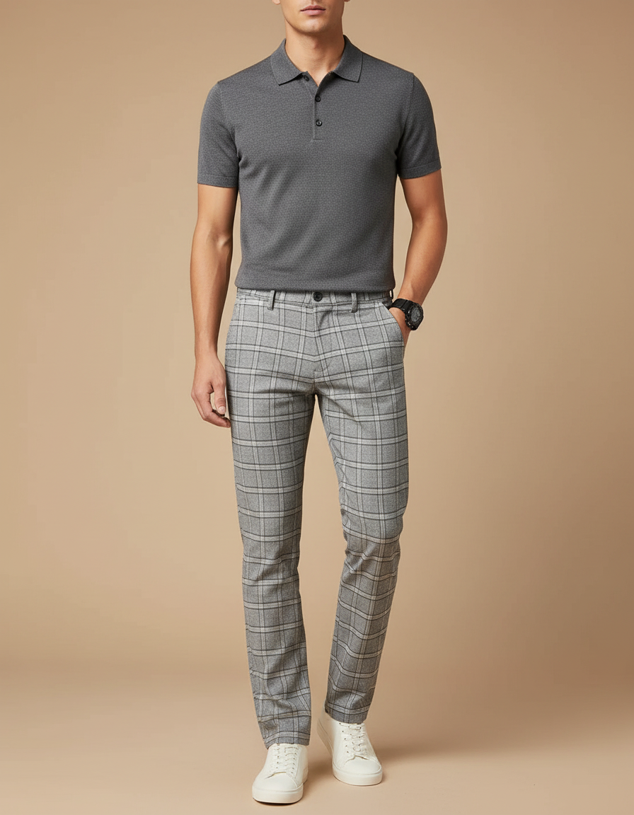 Pantalon Gris À Carreaux Slim Stretch Élégant - Polyester