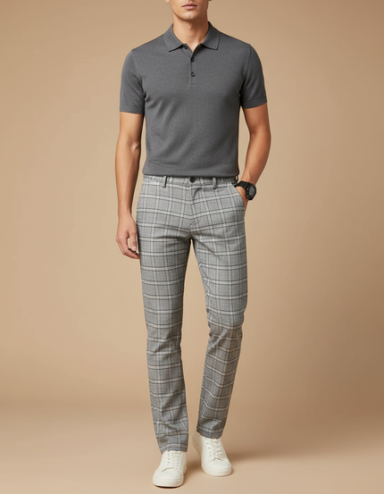 Pantalon Gris À Carreaux Slim Stretch Élégant - Polyester