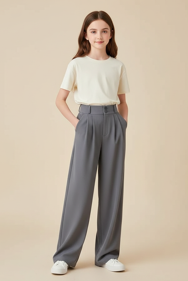 Pantalon Gris Plissé Ample Taille Haute Élégant Femme - Polyester
