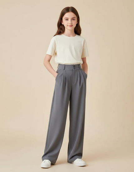 Pantalon Gris Plissé Ample Taille Haute Élégant Femme - Polyester