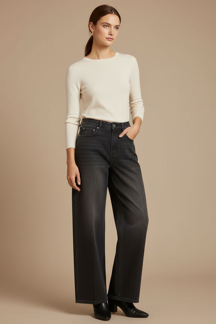 Pantalon Gris Jean Large Décontracté Taille Haute