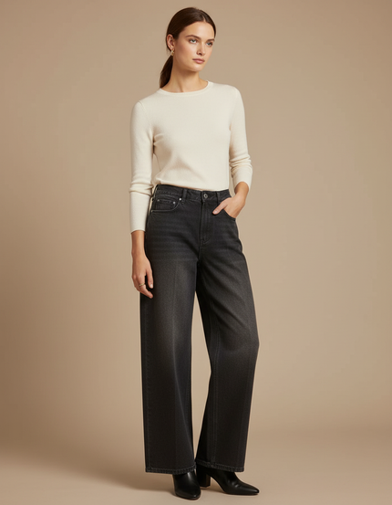 Pantalon Gris Jean Large Décontracté Taille Haute