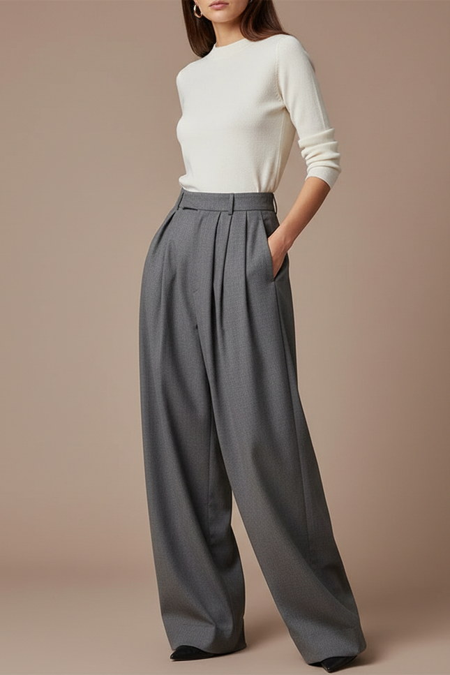Pantalon Gris Ample Plissé Taille Haute Élégant - Gabardine