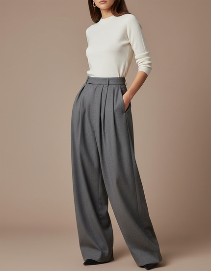 Pantalon Gris Ample Plissé Taille Haute Élégant - Gabardine