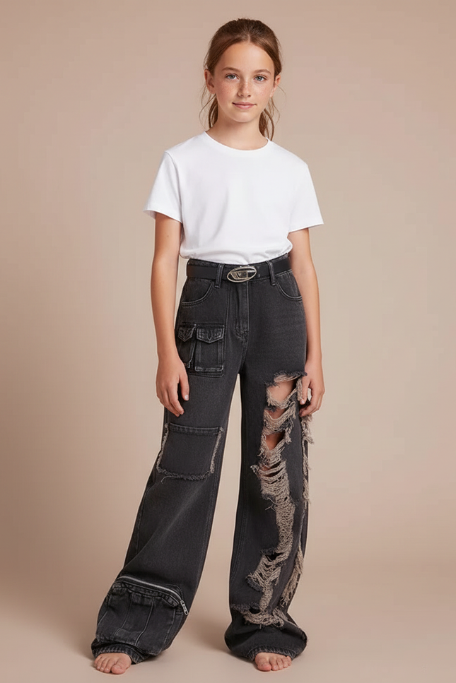 Pantalon Gris Déchiré Ample Cargo Y2K Fille - Jean