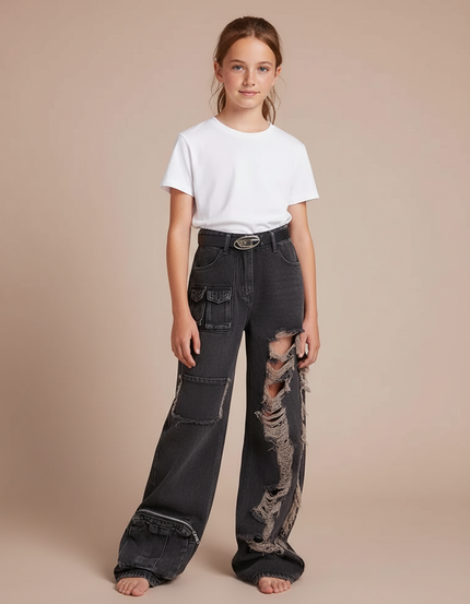 Pantalon Gris Déchiré Ample Cargo Y2K Fille - Jean