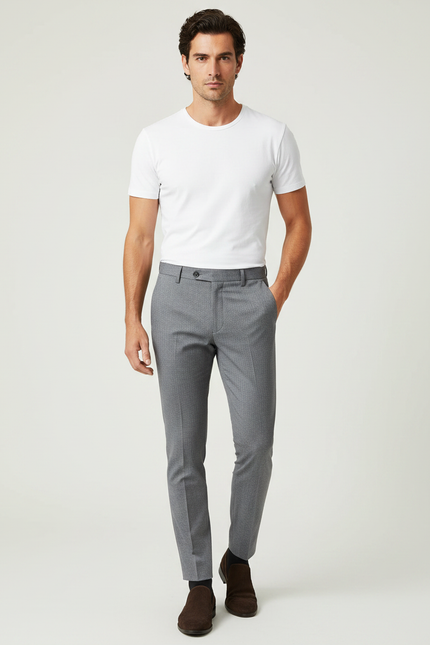 Pantalon Gris Slim Habillé Motif Discret Élégant - Laine