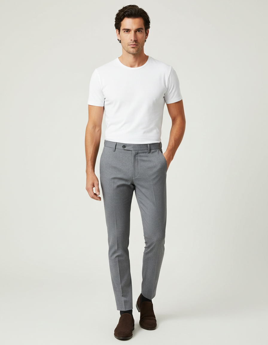 Pantalon Gris Slim Habillé Motif Discret Élégant - Laine