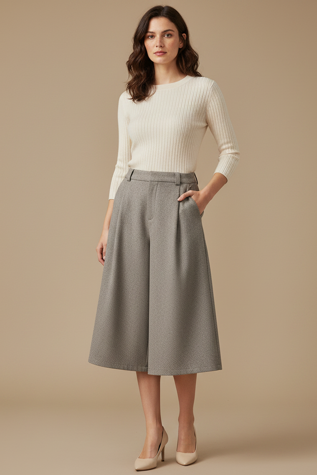 Pantalon Gris Ample Plissé Laine Capris Femme