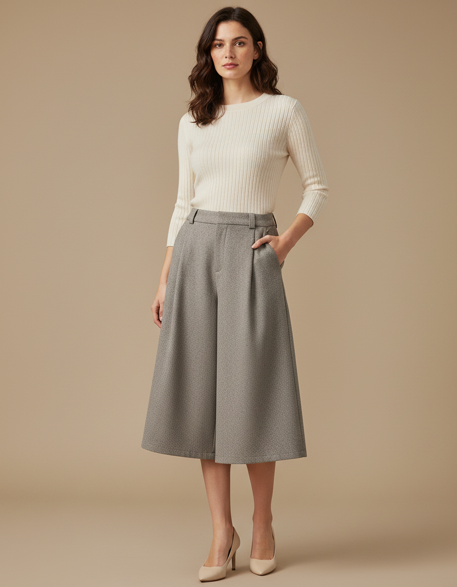 Pantalon Gris Ample Plissé Laine Capris Femme