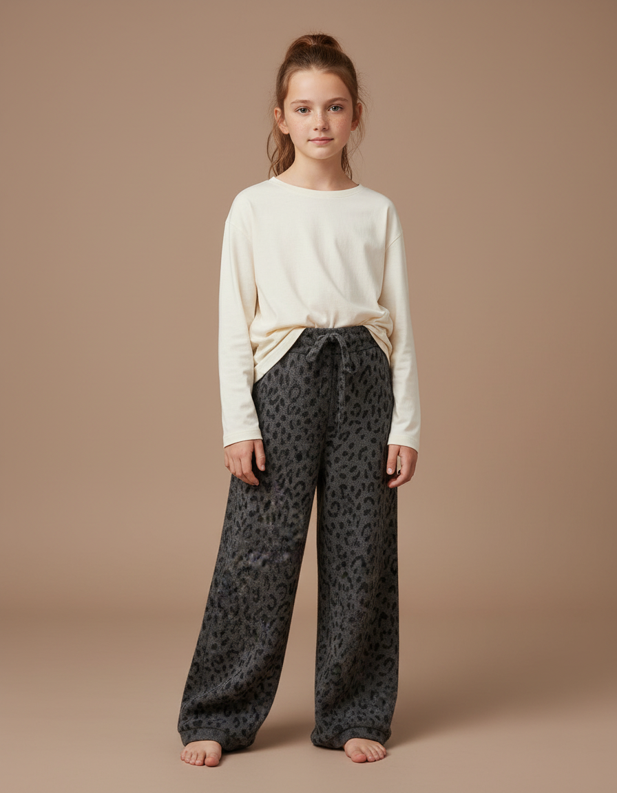 Pantalon Gris Ample Léopard Molletonné Fille