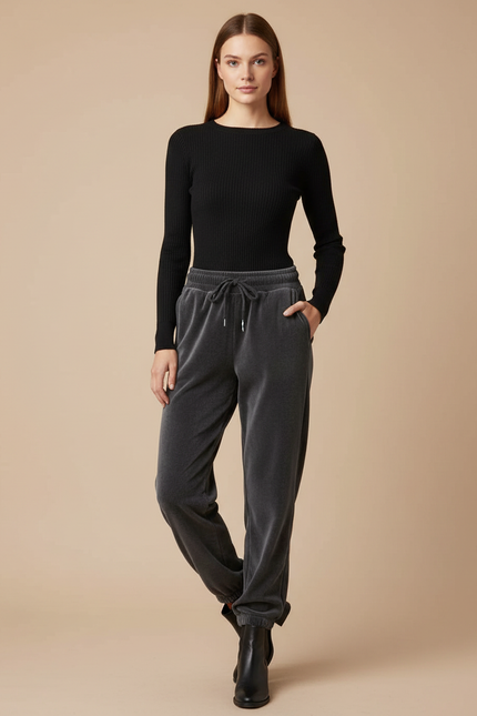 Pantalon Gris Velours Ample Décontracté Sport Femme