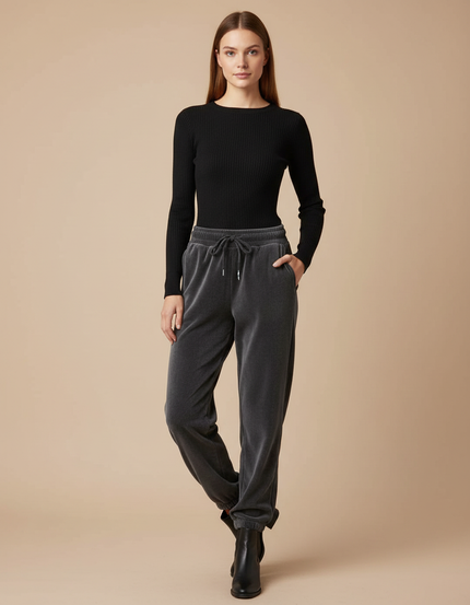 Pantalon Gris Velours Ample Décontracté Sport Femme