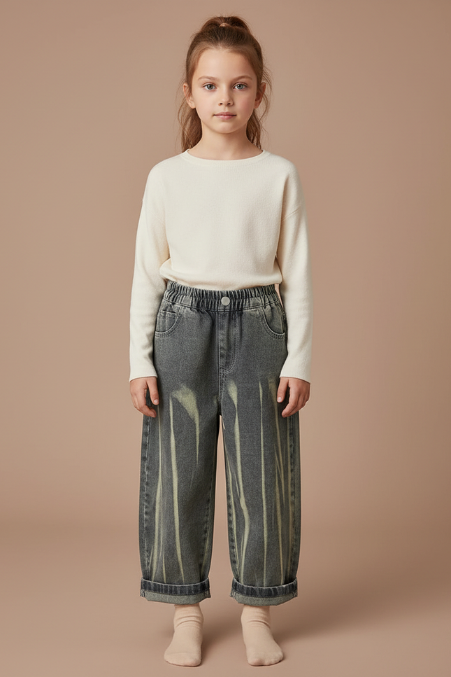 Pantalon Gris Délavé Ample Taille Élastique Enfant - Jean