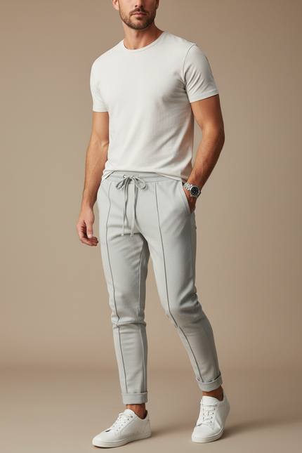 Pantalon Gris Cordon Décontracté Slim Élégant - Molleton