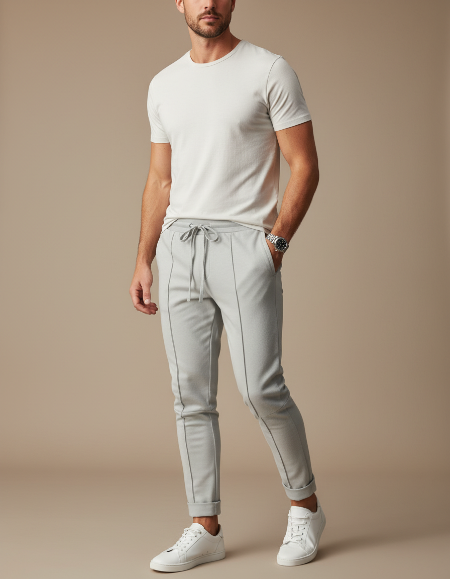 Pantalon Gris Cordon Décontracté Slim Élégant - Molleton