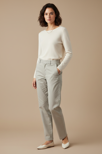 Pantalon Gris Coton Droit Décontracté Femme Élégant