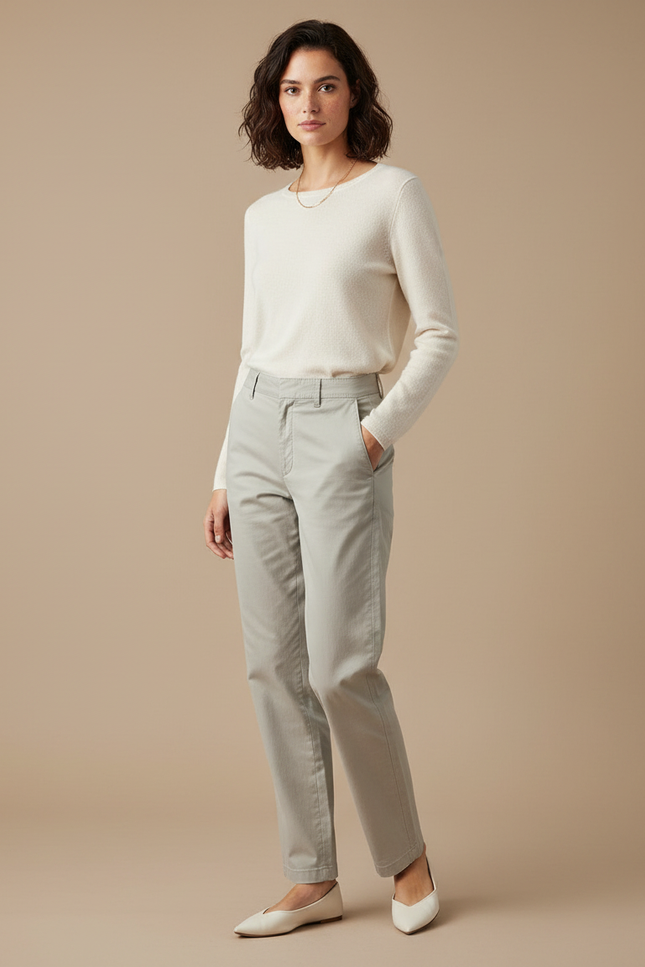 Pantalon Gris Coton Droit Décontracté Femme Élégant