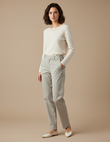 Pantalon Gris Coton Droit Décontracté Femme Élégant