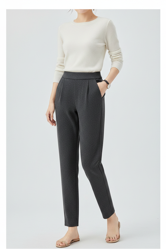 Pantalon Gris Texturé Plissé Slim Élégant Femme - Maille
