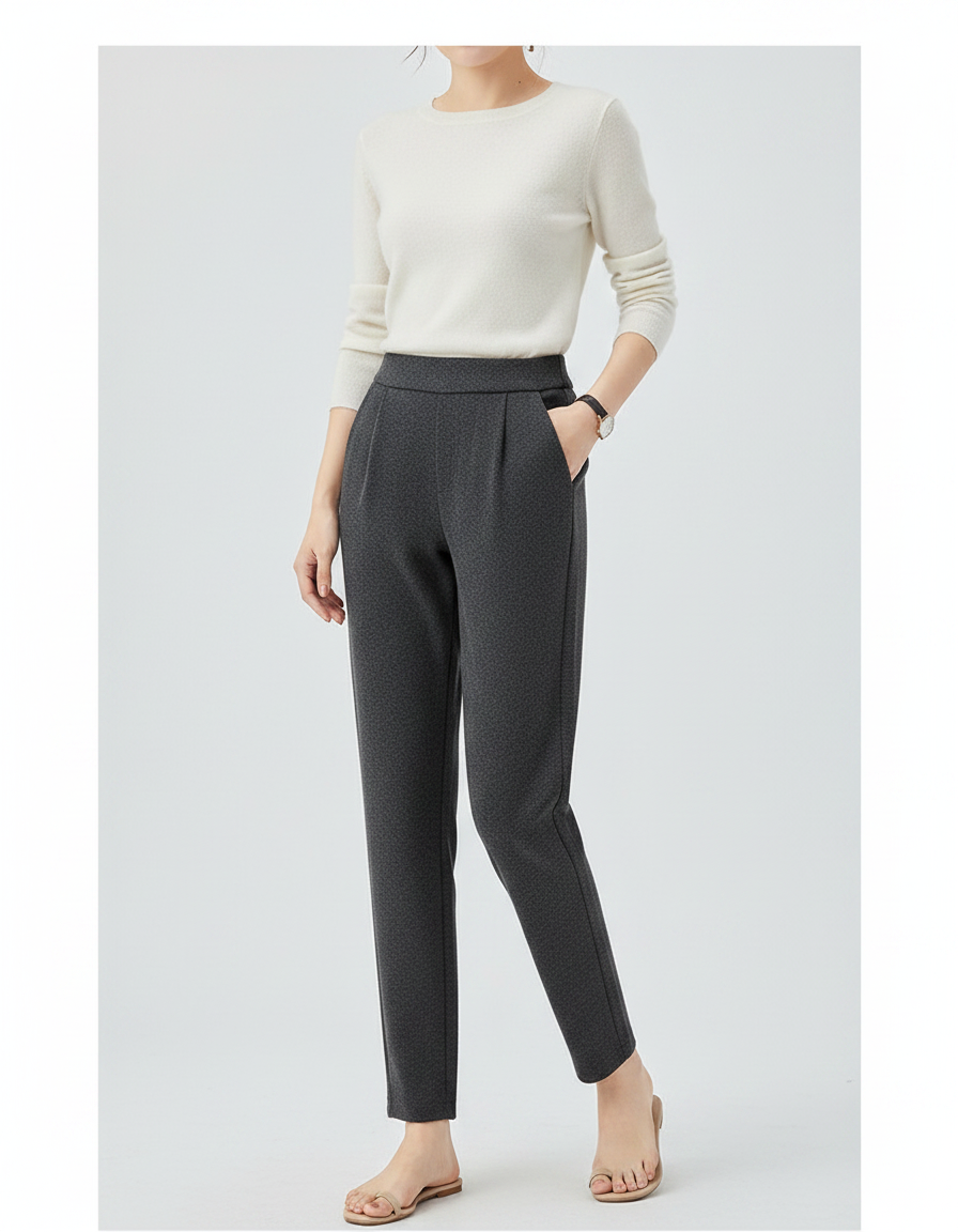 Pantalon Gris Texturé Plissé Slim Élégant Femme - Maille