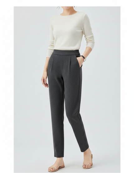 Pantalon Gris Texturé Plissé Slim Élégant Femme - Maille