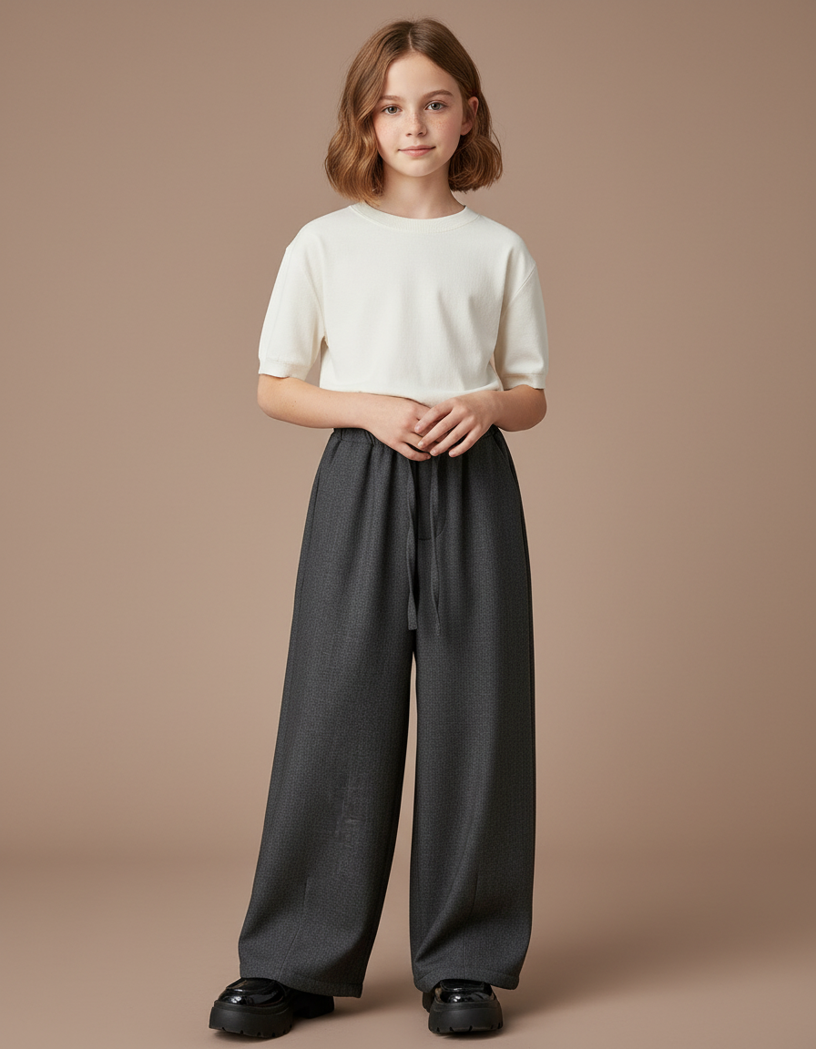 Pantalon Gris Ample Décontracté Enfant Large - Tweed
