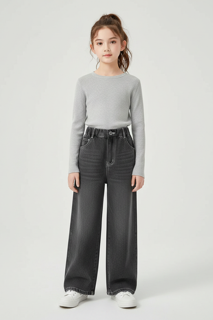 Pantalon Gris Ample Décontracté Large Fille - Jean