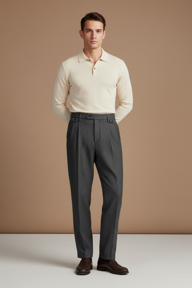 Pantalon Gris Laine Chevron Plissé Homme Élégant