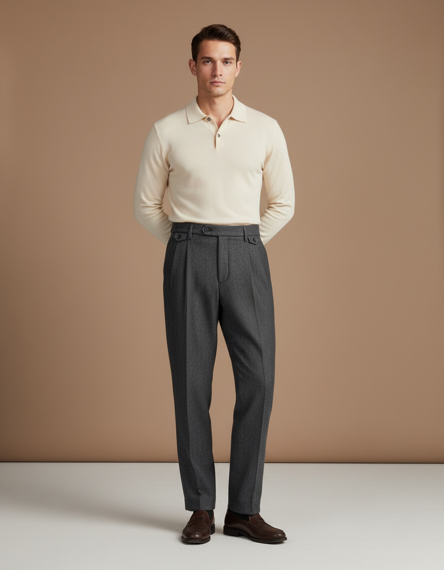 Pantalon Gris Laine Chevron Plissé Homme Élégant