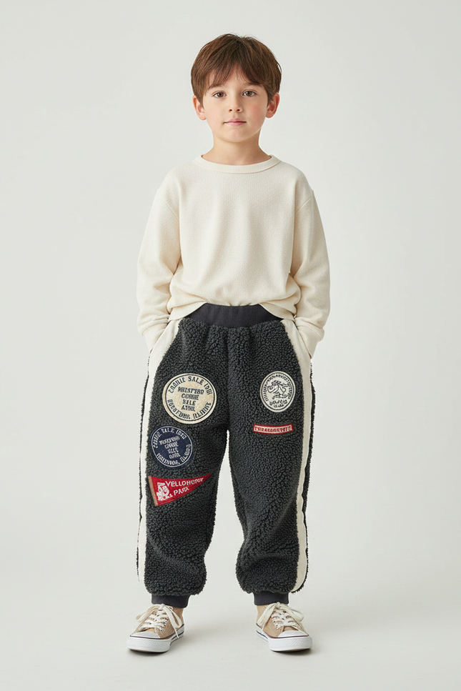 Pantalon Gris Molletonné Patchs Ample Enfant Hiver
