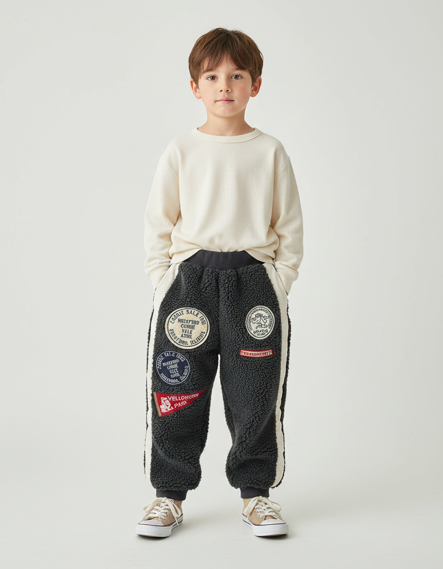 Pantalon Gris Molletonné Patchs Ample Enfant Hiver