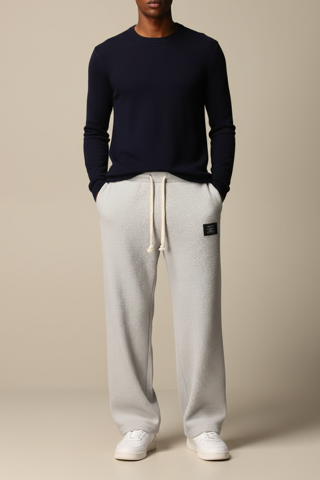 Pantalon Gris Gaufré Ample Décontracté À Lacets - Maille