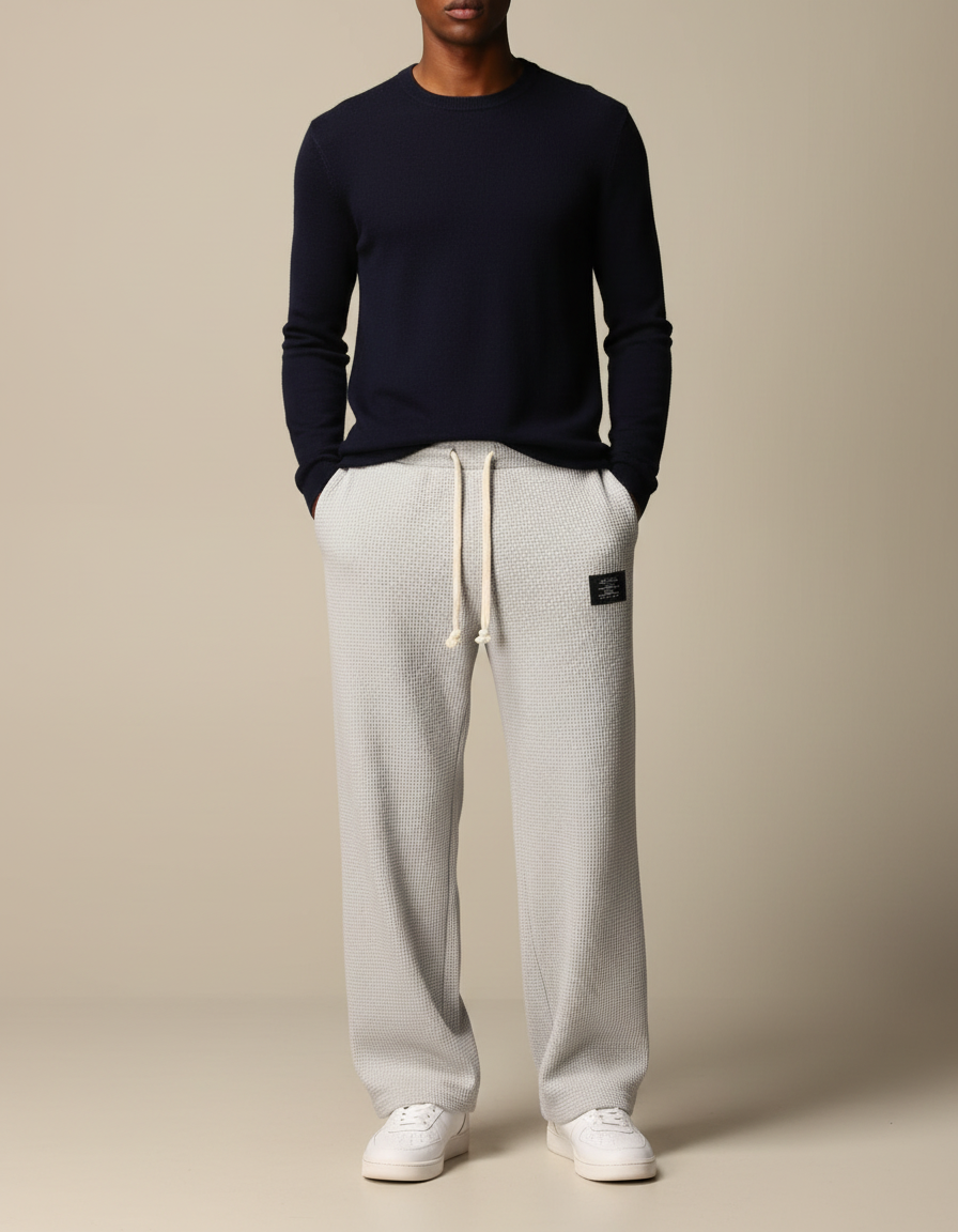 Pantalon Gris Gaufré Ample Décontracté À Lacets - Maille
