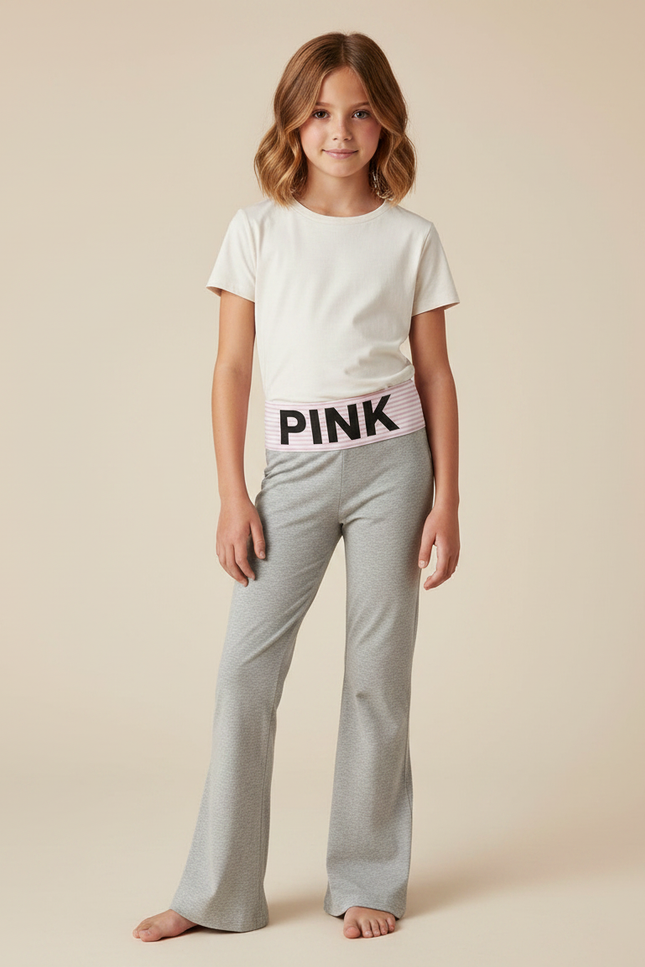 Pantalon Gris Évasé Confortable Sport Ceinture Rose - Molleton