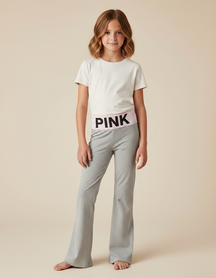 Pantalon Gris Évasé Confortable Sport Ceinture Rose - Molleton