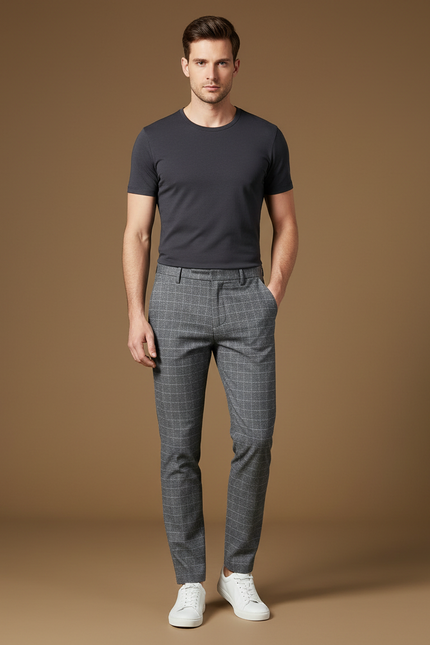 Pantalon Gris À Carreaux - Laine
