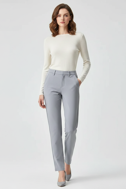 Pantalon Gris Femme Élégant Droit Ajusté Confortable - Polyester