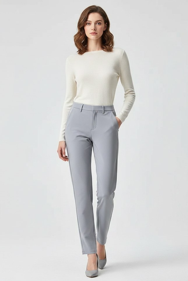 Pantalon Gris Femme Élégant Droit Ajusté Confortable - Polyester