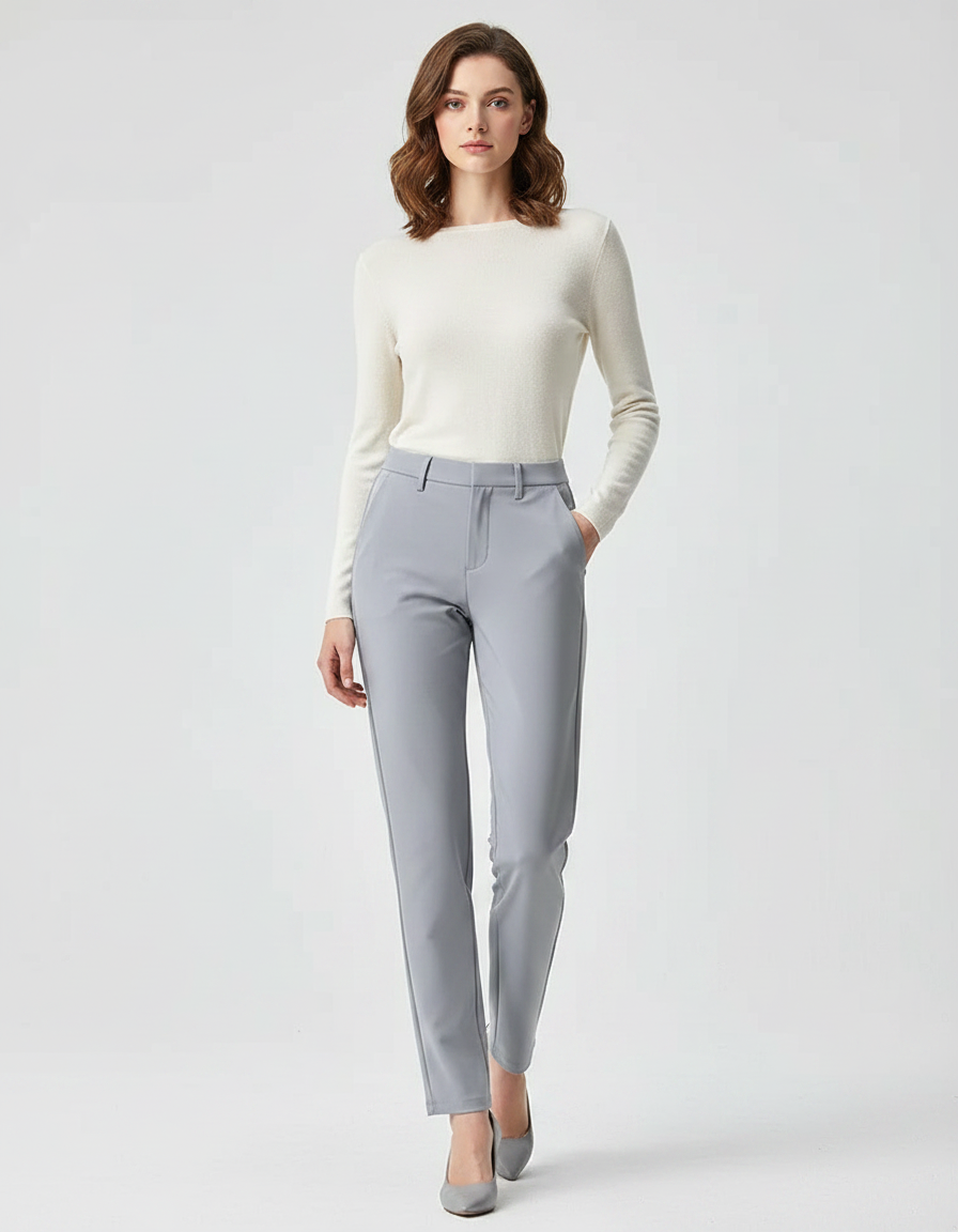Pantalon Gris Femme Élégant Droit Ajusté Confortable - Polyester
