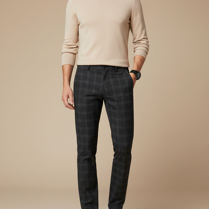 Pantalon Gris À Carreaux Slim Fit Stretch Homme - Laine